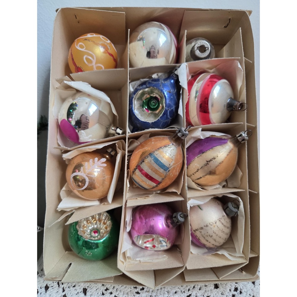 Vintage Glass Christmas Ornaments Lot of 12 Reflector Bells & Teardrops